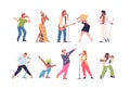 Karaoke singers characters. Singing guy female vocalist holding mic, cartoon singer character rocker dress microphone