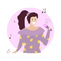 Karaoke star. Happy girl is singing. The girl likes to sing. Favorite song. Cartoon vector illustation