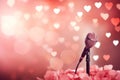 Karaoke on Valentine's Day. Microphone on a concert stage with pink lightning. Generative AI