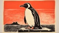 Woodcut Penguin Poster: A Dignified Pose In Panoramic Coastal Views