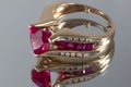 14-karat yellow gold ring with diamonds and rubies Royalty Free Stock Photo