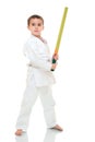 Karate boy with toy sword in white Royalty Free Stock Photo