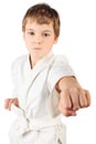 Karate boy in white kimono fighting isolated Royalty Free Stock Photo