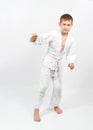 Karate boy in white kimono fighting Royalty Free Stock Photo