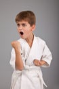 Karate boy in white kimono fighting Royalty Free Stock Photo