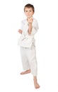 Karate boy in white kimono standing isolated Royalty Free Stock Photo