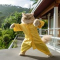 Karate Cat in a Yellow Kimono, Strong Funny Cat, Sensei Judo Master, Martial Arts Kitten