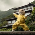 Karate Cat in a Yellow Kimono, Strong Funny Cat, Sensei Judo Master, Martial Arts Kitten