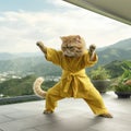 Karate Cat in a Yellow Kimono, Strong Funny Cat, Sensei Judo Master, Martial Arts Kitten