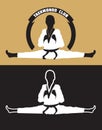 Karate club logo. Karate kid wearing black belt in a side split
