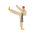 Karate Fighter Doing Powerful Kick, Male Athlete Character in Kimono Fighting, Active Healthy Lifestyle, Japan