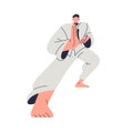 Karate fighter. Japanese wrestler in kimono uniform, fighting, wrestling in attacking stance, pose. Japan wrestler in