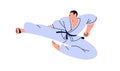 Karate fighter in kimono. Wrestler athlete in uniform, fighting, kicking, attacking. Japan martial art. Asian Japanese