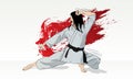 A karate girl stands in a combat position for striking. Royalty Free Stock Photo