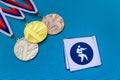 Karate Kata icon and medal set, gold silver and bronze medal, blue background. Original wallpaper for summer olympic game in Tokyo