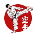 Karate kick. Martial arts. Inscription on illustration is a hieroglyphs of karate, japanese. Vector illustration