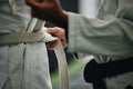 Karate learning, training and workout of a sport student and coach getting ready for a fight class. Defense expert hands Royalty Free Stock Photo