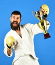 Karate man with cheerful face in boxing gloves says Yes Royalty Free Stock Photo