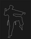 Karate man fighter in kimono vector line contour silhouette. Japan traditional martial art. Boy self defense presentation.