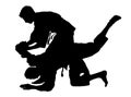Karate man fighters in kimono, silhouette illustration. Judo fighters battle silhouette. Japan traditional martial art.