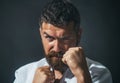 Karate man in kimono in fighting stance. Bearded male do karate training. Royalty Free Stock Photo