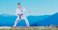 Karate man in a kimono performs a front hand kick Choku-zuki while standing on the green grass on top of a mountain Royalty Free Stock Photo