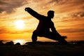 Karate man, silhouette and tai chi with sunset sky on beach horizon for martial arts, taekwondo or fight exercise Royalty Free Stock Photo