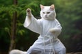 Karate Master Cat dressed in white practice uniform showcasing Karate skills in forest. White cat practicing Martial Royalty Free Stock Photo