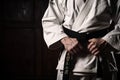 Karate master proudly clutches black belt, symbolizing expertise and mastery
