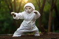 Karate Master White Cat dressed in white practice uniform Showcasing Karate Skills in Forest. Kitty practicing Martial Royalty Free Stock Photo