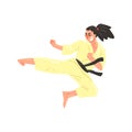 Karate Professional Fighter In Kimono With Black Belt Kicking While Jumping Cool Cartoon Character