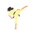 Karate Professional Fighter In Kimono With Black Doing Leg Sidekick Belt Cool Cartoon Character Royalty Free Stock Photo
