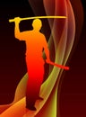 Karate Sensei with Sword on Abstract Blaze Wave Background Royalty Free Stock Photo