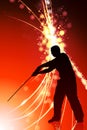 Karate Sensei with Sword on Abstract Light Background
