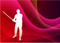 Karate Sensei with Sword on Abstract Violet Wave Background