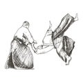 Karate Sparring with Fighter in Kimono Throwing His Opponent on the Ground Vector Illustration. Oriental Combat Practise Royalty Free Stock Photo