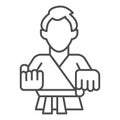 Karate teacher thin line icon, self defense concept, karate kick sign on white background, martial arts master icon in