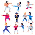 Karate vector martial karate-do character training attack illustration set of man or woman and elderly people in