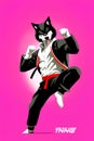 Karate wolf on magenta background. Generative AI