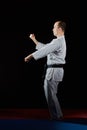 In karategi, an athlete does formal karate exercises on red and blue tatami