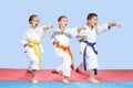 In karategi three athletes are hitting karate kick arm Royalty Free Stock Photo