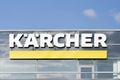 Karcher logo on the office building located in Vilnius, Lithuania - May 16, 2021. Karcher is cleaning equipment company