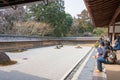 The Kare-sansui dry landscape zen garden at Ryoan-ji Temple in Kyoto, Japan. It is part of Historic Royalty Free Stock Photo