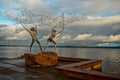 Karelia. A gift of the city of the twin city of Duluth USA. Sculpture Fishermen on the shore of Lake Onega. Novemb