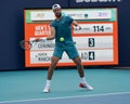 Karen Khachanov of Russia in action during quarter-final match against Francisco Cerundolo of Argentina at 2023 Miami Open