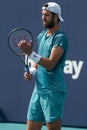 Karen Khachanov of Russia in action during quarter-final match against Francisco Cerundolo of Argentina at 2023 Miami Open