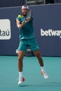 Karen Khachanov of Russia in action during quarter-final match against Francisco Cerundolo of Argentina at 2023 Miami Open