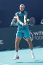 Karen Khachanov of Russia in action during quarter-final match against Francisco Cerundolo of Argentina at 2023 Miami Open