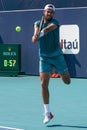 Karen Khachanov of Russia in action during quarter-final match against Francisco Cerundolo of Argentina at 2023 Miami Open