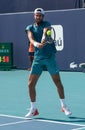 Karen Khachanov of Russia in action during quarter-final match against Francisco Cerundolo of Argentina at 2023 Miami Open